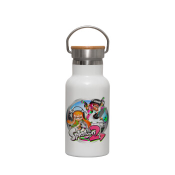 Splatoon 2, Μεταλλικό παγούρι θερμός (Stainless steel) Λευκό με ξύλινο καπακι (bamboo), διπλού τοιχώματος, 350ml