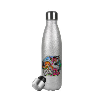 Splatoon 2, Μεταλλικό παγούρι θερμός Glitter Aσημένιο (Stainless steel), διπλού τοιχώματος, 500ml
