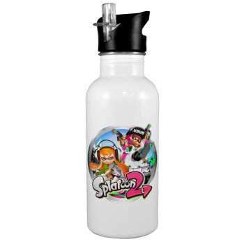 Splatoon 2, White water bottle with straw, stainless steel 600ml