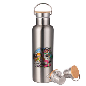 Splatoon 2, Stainless steel Silver with wooden lid (bamboo), double wall, 750ml