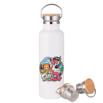Splatoon 2, Stainless steel White with wooden lid (bamboo), double wall, 750ml