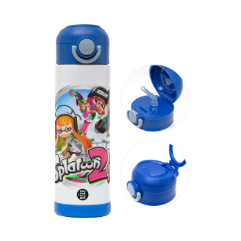 Splatoon 2, Children's hot water bottle, stainless steel, with safety straw, BLUE (500ml)