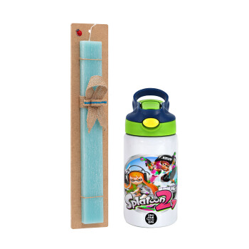 Splatoon 2, Easter Set, Children's thermal stainless steel bottle with safety straw, green/blue (350ml) & aromatic flat Easter candle (30cm) (TURQUOISE)