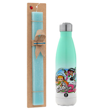 Splatoon 2, Easter Set, Metallic green/white thermos (Stainless steel), double-walled, 500ml & scented flat Easter candle (30cm) (TURQUOISE)