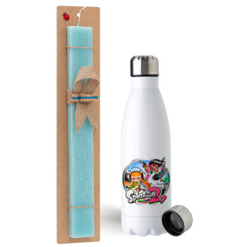 Splatoon 2, Easter Set, metallic stainless steel water bottle (750ml) & aromatic flat Easter candle (30cm) (TURQUOISE)