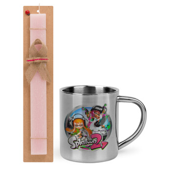 Splatoon 2, Easter Set, metallic thermal cup (300ml) & aromatic flat Easter candle (30cm) (PINK)