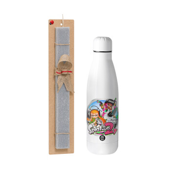 Splatoon 2, Easter Set, metallic stainless thermos bottle (500ml) & scented flat Easter candle (30cm) (GRAY)