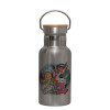 Stainless steel metallic thermos flask, silver with a bamboo lid, double-walled, 350ml.