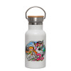 Metallic thermos (Stainless steel) White with wooden lid (bamboo), double-walled, 350ml