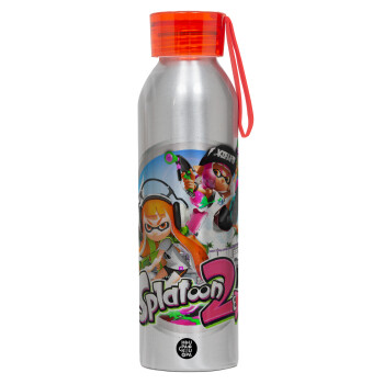 Splatoon 2, Αλουμινένιο Αθλητικό Μπουκάλι 650ml – Ασημί με Κόκκινο Καπάκι και Λουράκι Σιλικόνης