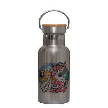 Splatoon 2, Μεταλλικό παγούρι θερμός (Stainless steel) Ασημένιο με ξύλινο καπακι (bamboo), διπλού τοιχώματος, 350ml