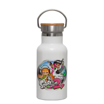 Splatoon 2, Μεταλλικό παγούρι θερμός (Stainless steel) Λευκό με ξύλινο καπακι (bamboo), διπλού τοιχώματος, 350ml