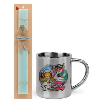 Splatoon 2, Easter Set, metallic thermal cup (300ml) & aromatic flat Easter candle (30cm) (TURQUOISE)