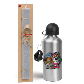 Splatoon 2, Easter Set, metallic silver aluminum water bottle (500ml) & aromatic flat Easter candle (30cm) (GRAY)