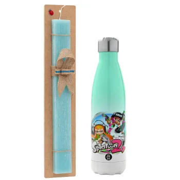 Splatoon 2, Easter Set, Metallic green/white thermos (Stainless steel), double-walled, 500ml & scented flat Easter candle (30cm) (TURQUOISE)