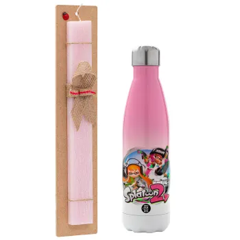 Splatoon 2, Easter Set, Metallic pink/white (Stainless steel) thermos, double-walled, 500ml & aromatic flat Easter candle (30cm) (PINK)
