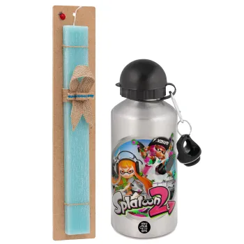 Splatoon 2, Easter Set, metallic silver aluminum water bottle (500ml) & scented flat Easter candle (30cm) (TURQUOISE)