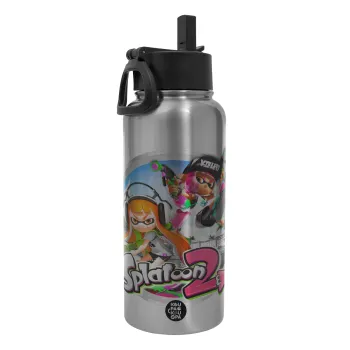Splatoon 2, Metal mug thermo Silver with Straw and Spout Lid (Stainless steel), double wall, 950ml
