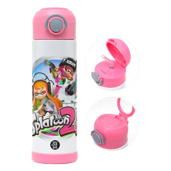 Splatoon 2, Children's hot water bottle, stainless steel, with safety straw, PINK (500ml)