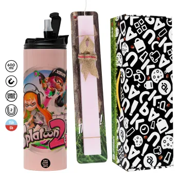 Splatoon 2, Easter candle,Travel Tumbler 2 Lids, with metal straw & cleaning brush & aromatic flat candle (30cm) (PINK)