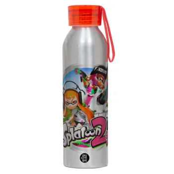 Splatoon 2, Αλουμινένιο Αθλητικό Μπουκάλι 650ml – Ασημί με Κόκκινο Καπάκι και Λουράκι Σιλικόνης