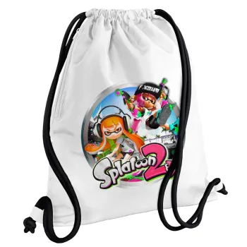 Splatoon 2, Τσάντα πλάτης πουγκί GYMBAG λευκή, με τσέπη (40x48cm) & χονδρά κορδόνια