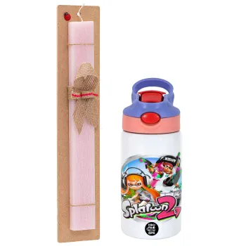 Splatoon 2, Πασχαλινή Λαμπάδα με Παιδικό παγούρι θερμό, ανοξείδωτο, με καλαμάκι ασφαλείας, ροζ/μωβ (350ml) & κερί αρωματικό πλακέ (30cm) (ΡΟΖ)