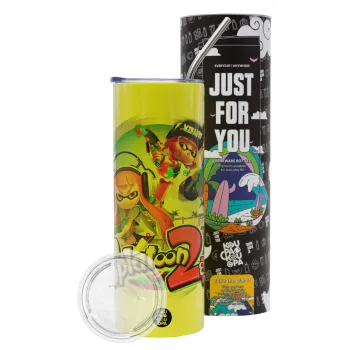 Splatoon 2, Neon Yellow Travel Tumbler θερμό, μεταλλικό καλαμάκι(Ανωξείδωτο 304 Food grade, BPA free, 600ml)