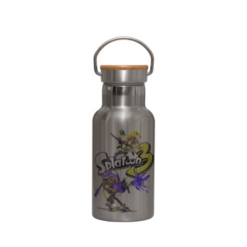 Splatoon 3, Stainless steel metallic thermos flask, silver with a bamboo lid, double-walled, 350ml.