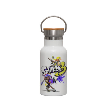 Splatoon 3, Μεταλλικό παγούρι θερμός (Stainless steel) Λευκό με ξύλινο καπακι (bamboo), διπλού τοιχώματος, 350ml