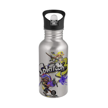 Splatoon 3, Water bottle Silver with straw, stainless steel 500ml