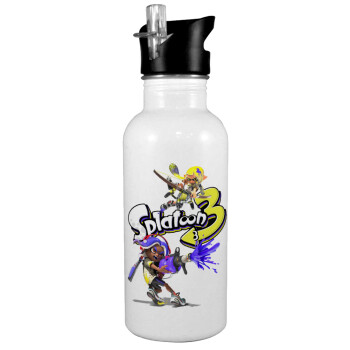 Splatoon 3, White water bottle with straw, stainless steel 600ml