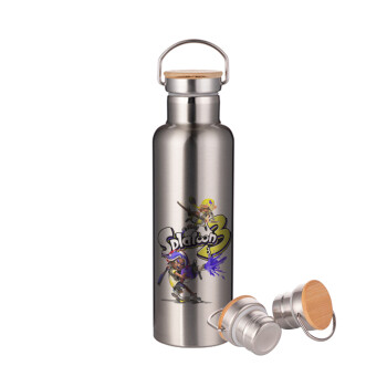 Splatoon 3, Stainless steel Silver with wooden lid (bamboo), double wall, 750ml