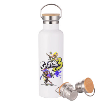 Splatoon 3, Μεταλλικό παγούρι θερμός (Stainless steel) Λευκό με ξύλινο καπάκι (bamboo), διπλού τοιχώματος, 750ml