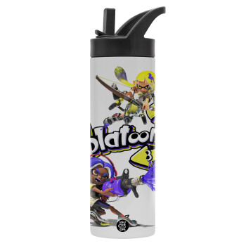 Splatoon 3, Metallic thermos bottle with straw & handle, stainless steel (Stainless steel 304), double-walled, 600ml.