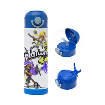 Splatoon 3, Children's hot water bottle, stainless steel, with safety straw, BLUE (500ml)