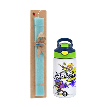 Splatoon 3, Easter Set, Children's thermal stainless steel bottle with safety straw, green/blue (350ml) & aromatic flat Easter candle (30cm) (TURQUOISE)
