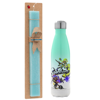 Splatoon 3, Easter Set, Metallic green/white thermos (Stainless steel), double-walled, 500ml & scented flat Easter candle (30cm) (TURQUOISE)