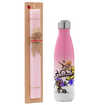 Splatoon 3, Easter Set, Metallic pink/white (Stainless steel) thermos, double-walled, 500ml & aromatic flat Easter candle (30cm) (PINK)