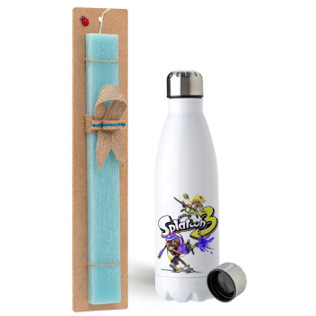 Splatoon 3, Easter Set, metallic stainless steel water bottle (750ml) & aromatic flat Easter candle (30cm) (TURQUOISE)