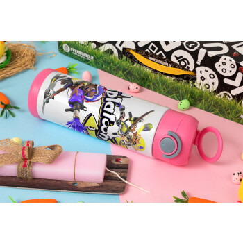 Splatoon 3, Easter candle, Childrens hot water bottle, stainless steel, with safety straw, PINK (500ml)