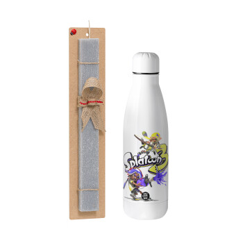 Splatoon 3, Easter Set, metallic stainless thermos bottle (500ml) & scented flat Easter candle (30cm) (GRAY)