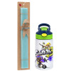 Easter Set, Children's thermal stainless steel bottle with safety straw, green/blue (350ml) & aromatic flat Easter candle (30cm) (TURQUOISE)