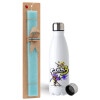 Easter Set, metallic stainless steel water bottle (750ml) & aromatic flat Easter candle (30cm) (TURQUOISE)