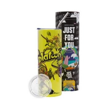 Splatoon 3, Neon Yellow Travel Tumbler θερμό, μεταλλικό καλαμάκι(Ανωξείδωτο 304 Food grade, BPA free, 600ml)