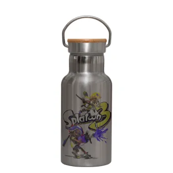 Splatoon 3, Μεταλλικό παγούρι θερμός (Stainless steel) Ασημένιο με ξύλινο καπακι (bamboo), διπλού τοιχώματος, 350ml