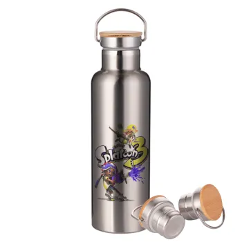 Splatoon 3, Stainless steel Silver with wooden lid (bamboo), double wall, 750ml