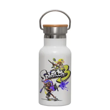 Splatoon 3, Μεταλλικό παγούρι θερμός (Stainless steel) Λευκό με ξύλινο καπακι (bamboo), διπλού τοιχώματος, 350ml