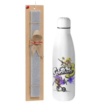 Splatoon 3, Easter Set, metallic stainless thermos bottle (500ml) & scented flat Easter candle (30cm) (GRAY)