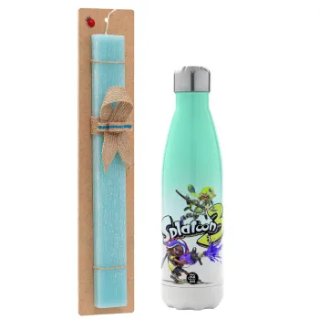 Splatoon 3, Easter Set, Metallic green/white thermos (Stainless steel), double-walled, 500ml & scented flat Easter candle (30cm) (TURQUOISE)